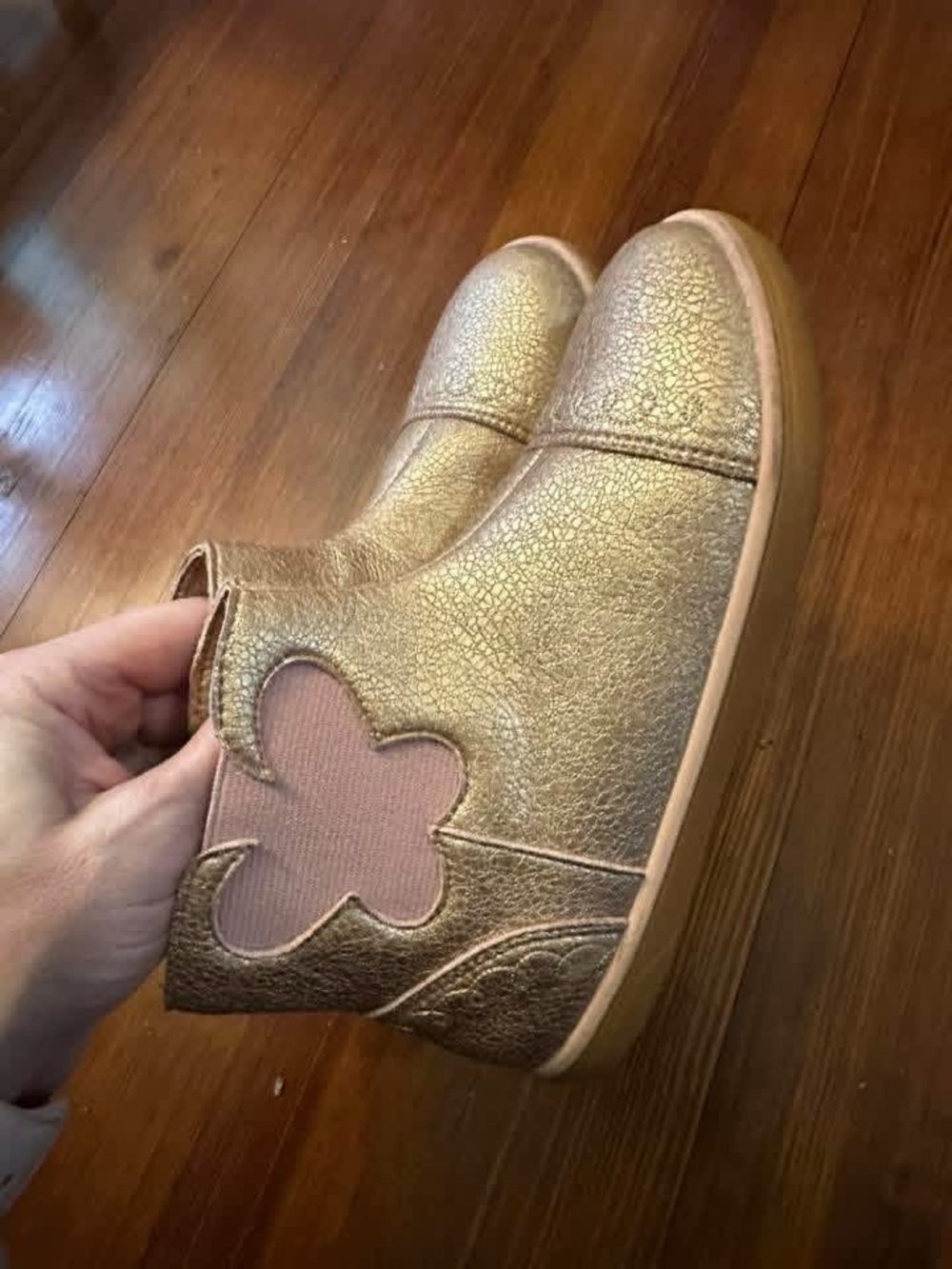 Livie & Luca size 12 Metallic Gold Toddler Chelsea Boots with Pink Accent